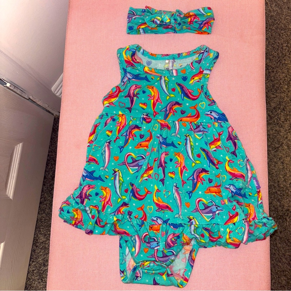 Baby Girls Posh Peanut Lisa Frank Dolphins Print Twirl Onesie Dress W/ Headband